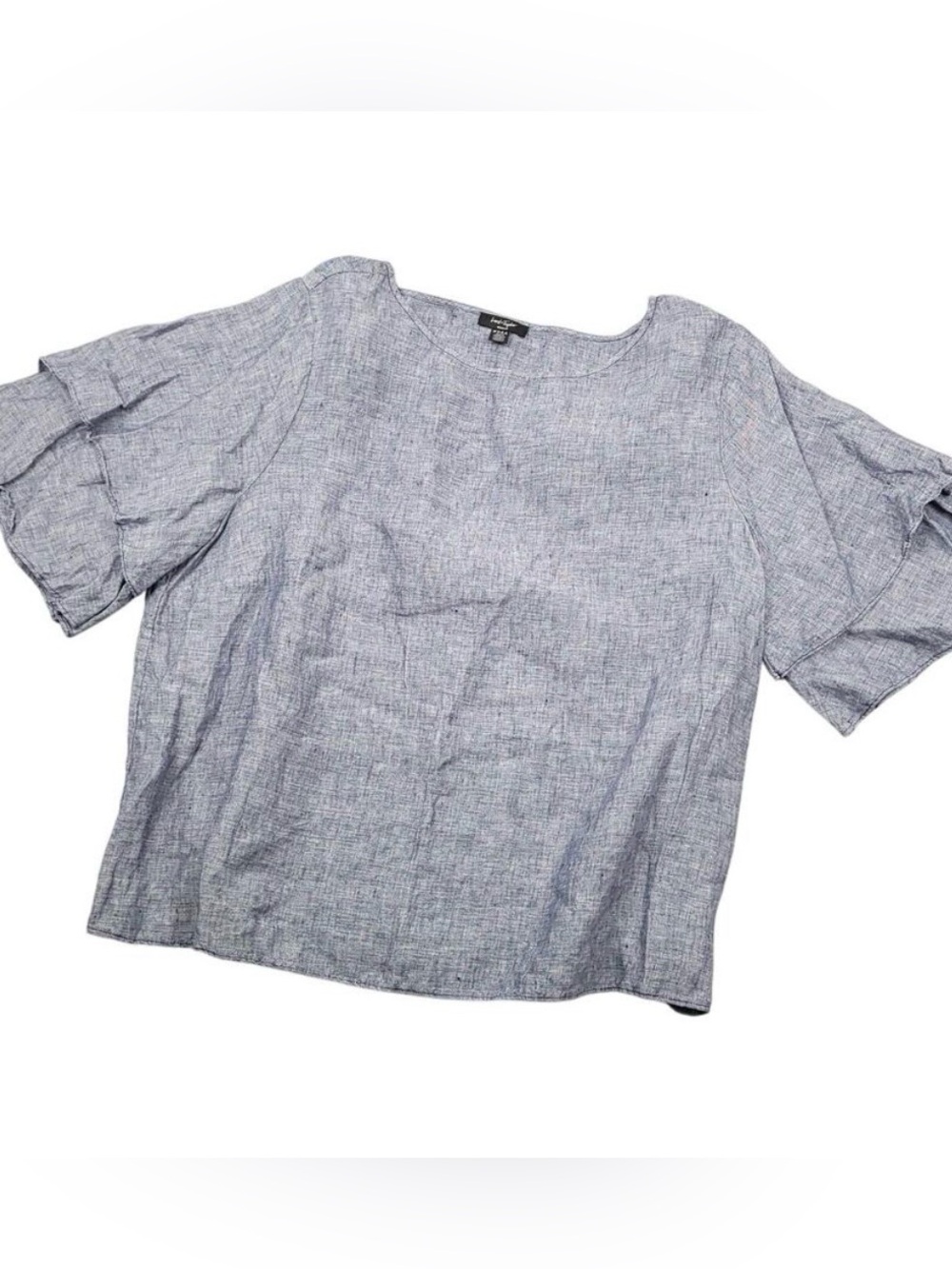 Lord & Taylor 100% Linen Blue Tiered Ruffle Sleeve Blouse